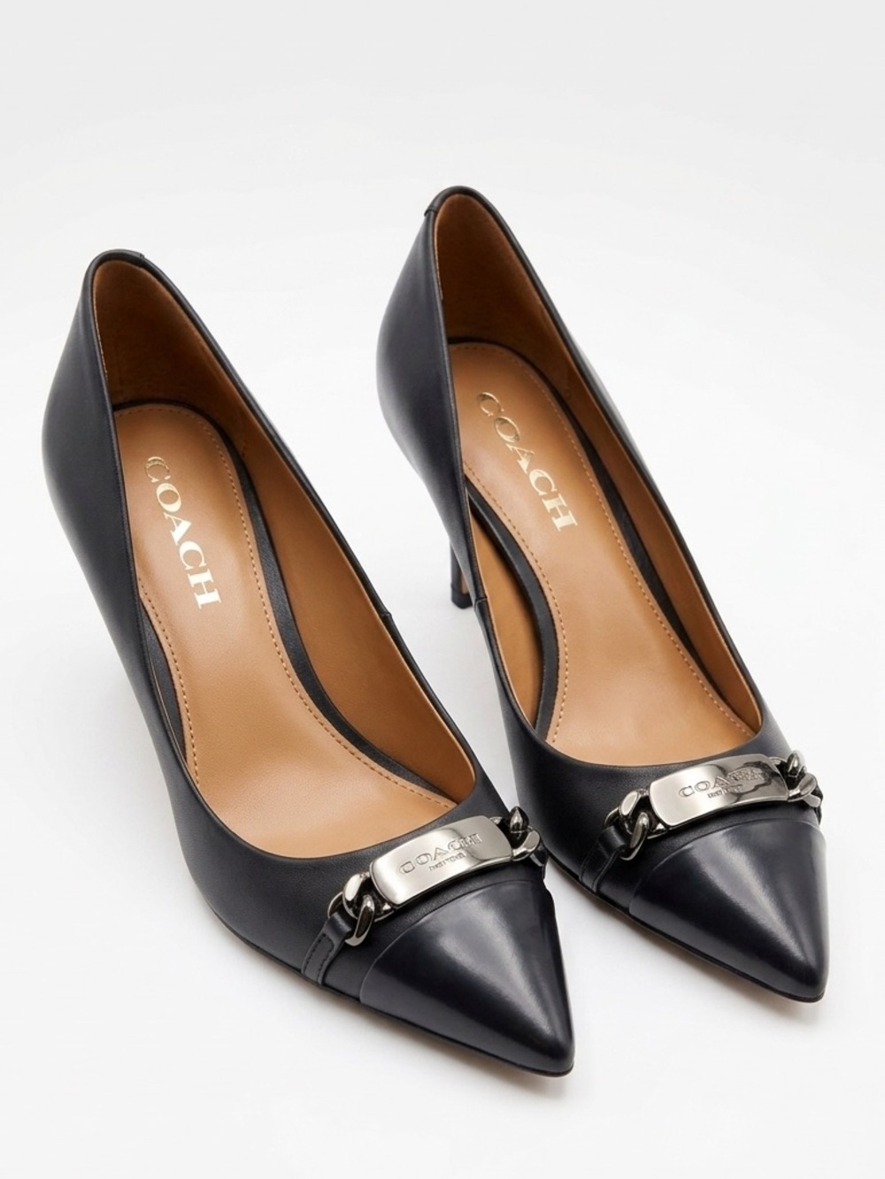 COACH Bowery Blue Black Leather Pointed Toe Hardware Pumps Heels Size 7